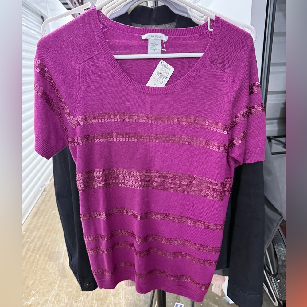 Joan Vass Women's Purple Sequin Short Sleeve Top Size Small